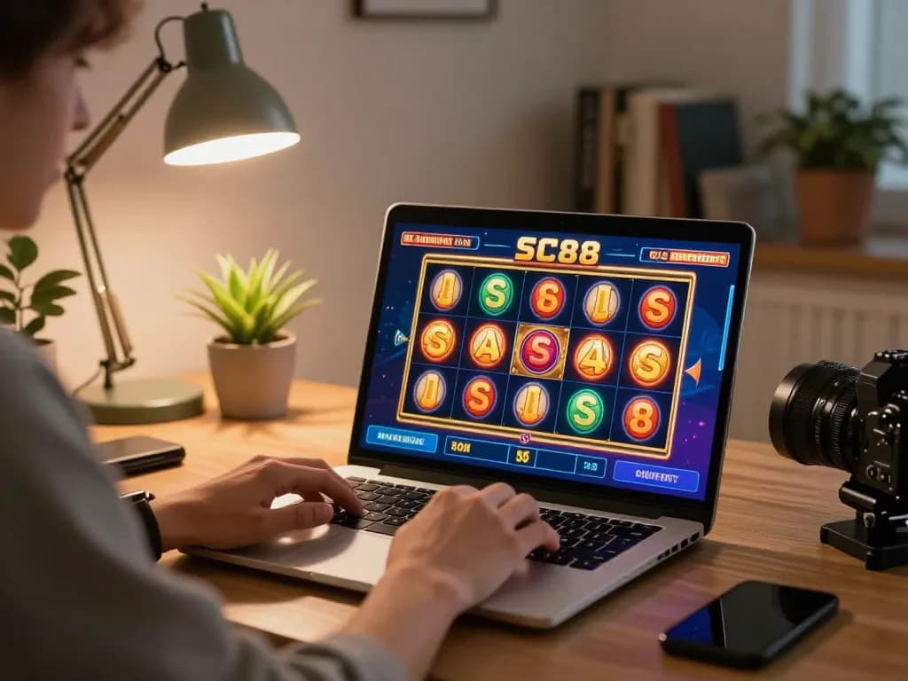 Engaging in online SC88 slots with vibrant graphics and cozy ambiance at home.
