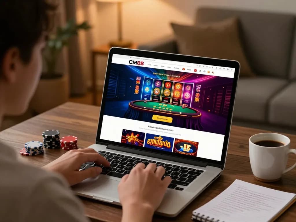 Player enjoying online gambling experience with CM88 interface displayed on laptop in cozy setting.