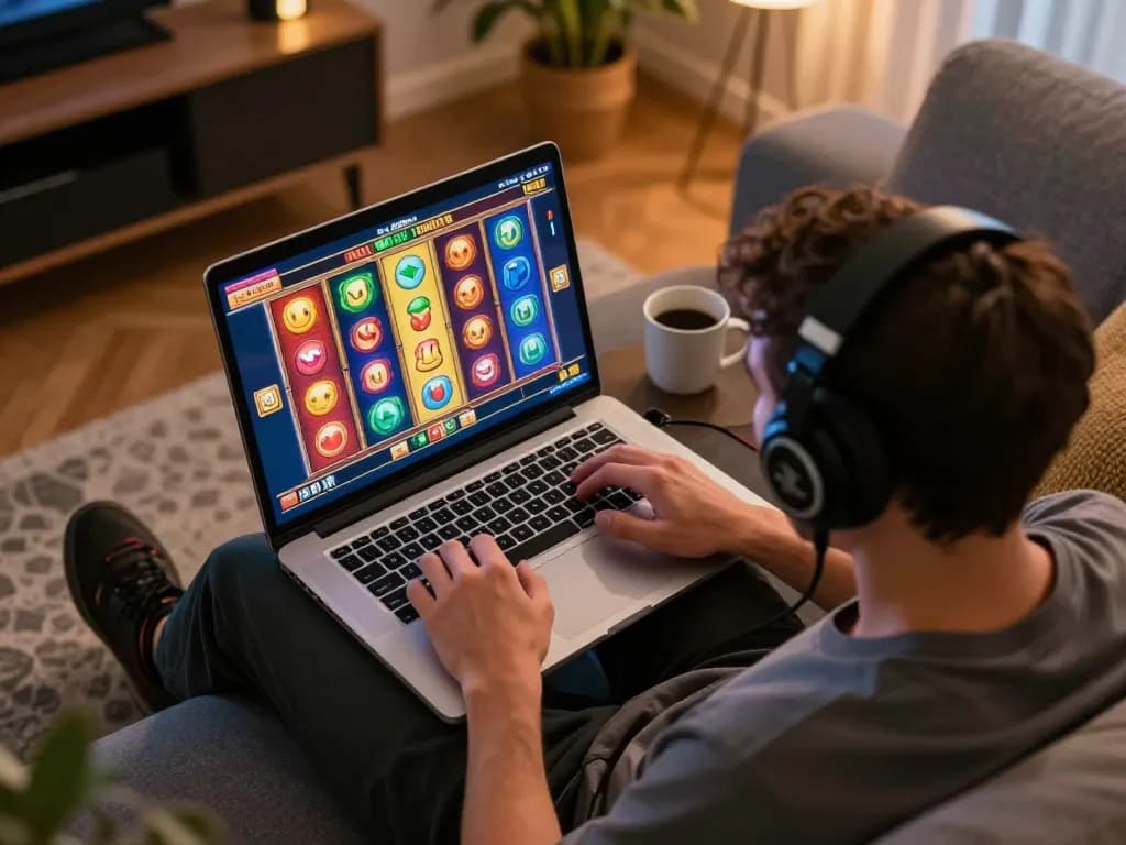 Player wins big while playing RR88 slots on a laptop in a cozy living room setting