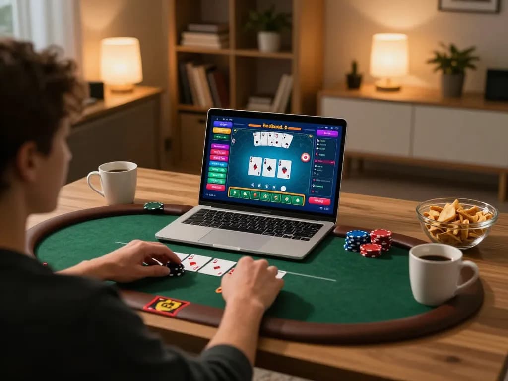 Player engaging in online poker on laptop while managing bankroll for sky88 gaming experience