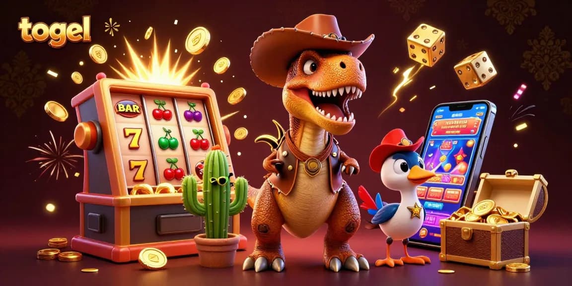 Engage in togel excitement with a vibrant 3D scene featuring cartoon characters and casino elements.