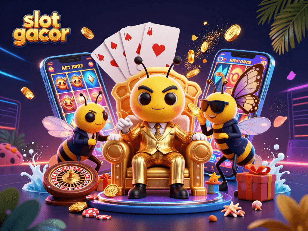 Experience slot gacor excitement with golden coins, spinning reels, and vibrant casino elements.