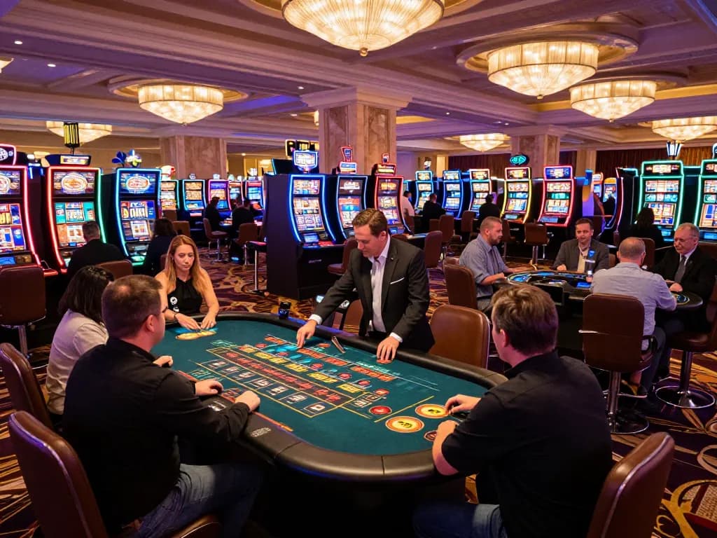 Experience pragmatic gameplay as players engage around dynamic roulette and vibrant slot machines in this lively casino.