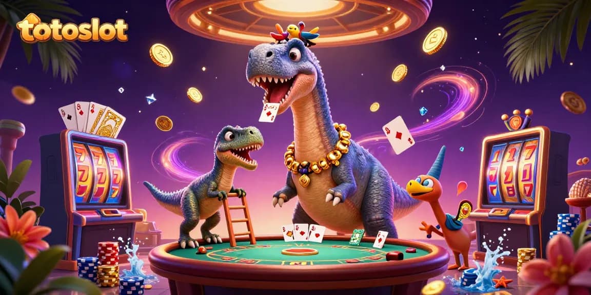 Engage with totoslot as the brontosaurus towers over a vibrant casino scene filled with dynamic game elements.