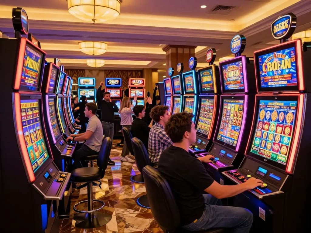 Players enjoying the excitement of slot88 machines in a vibrant casino atmosphere