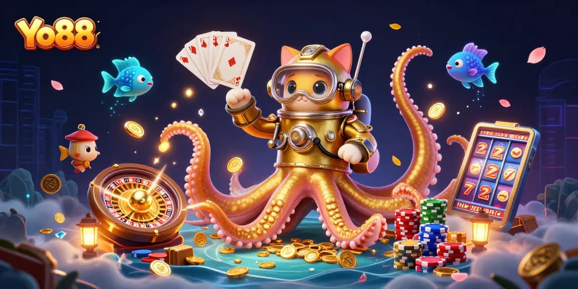 Win big at Yo88, featuring a kraken, diving cat, and glowing fish in a vibrant casino scene.
