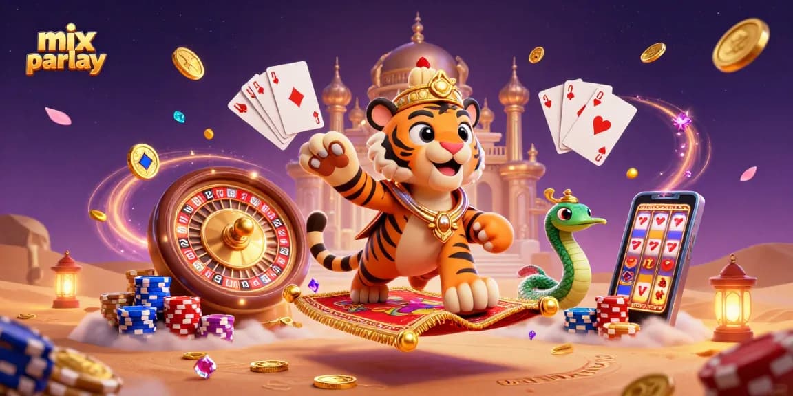 Place multiple mix parlay bets with excitement as dazzling gems and golden coins soar around a magical casino setting.
