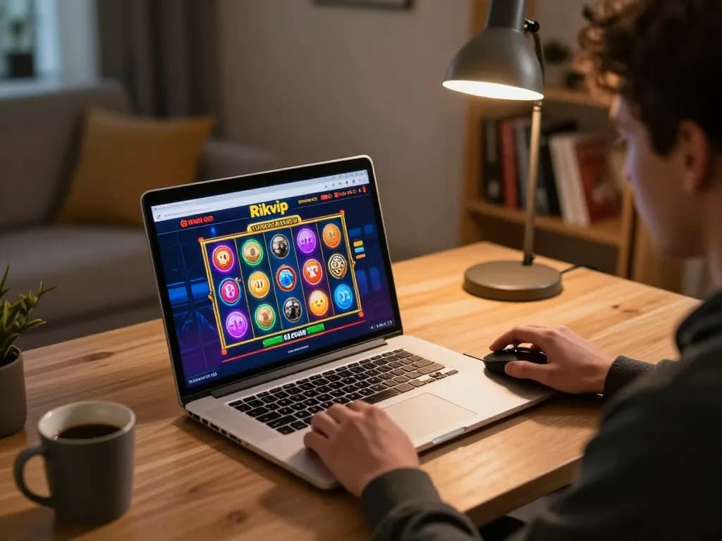 Engaging player using laptop for online casino gaming at Rikvip, showcasing vibrant slots gameplay.