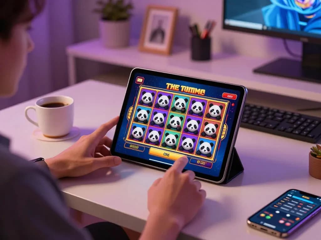 Panda win di permainan rumah dengan pengguna yang fokus pada gameplay slot online di tablet, suasana yang nyaman.