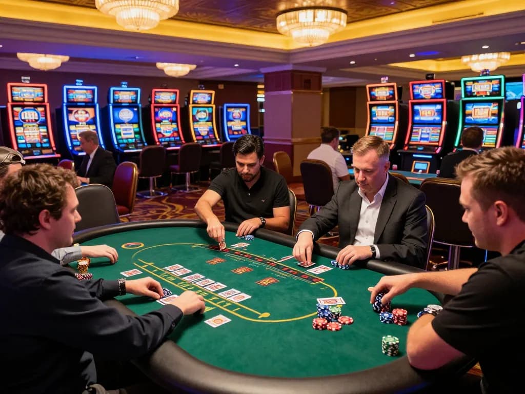 Players engaging in blackjack at MM88 casino, vibrant action capturing dynamic gameplay and warm ambiance.