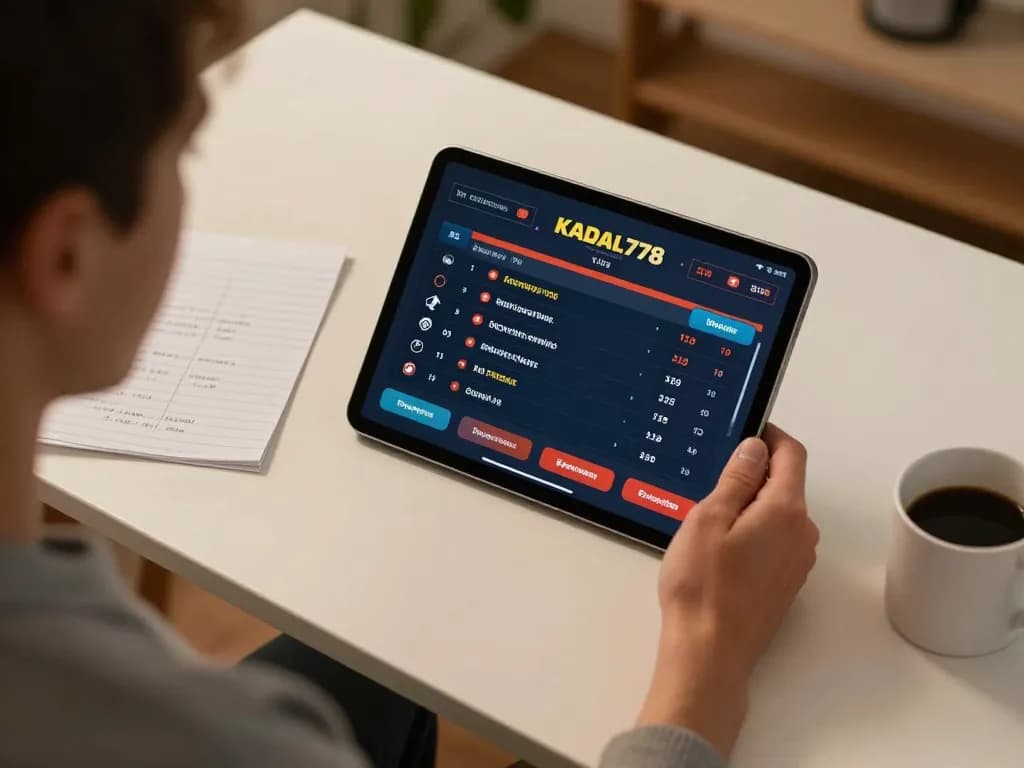 KADAL778 user placing strategic bets on a tablet in a cozy home office.