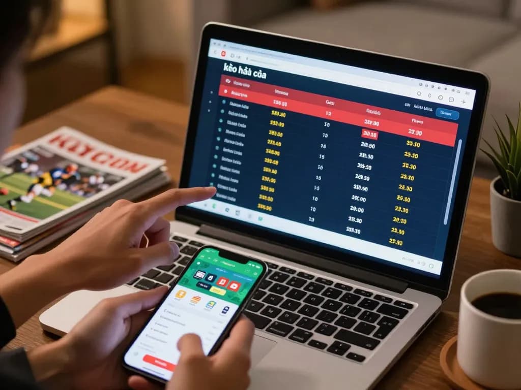 Engaged user analyzing kèo nhà cái odds on a laptop, enhancing sports betting experience at home.