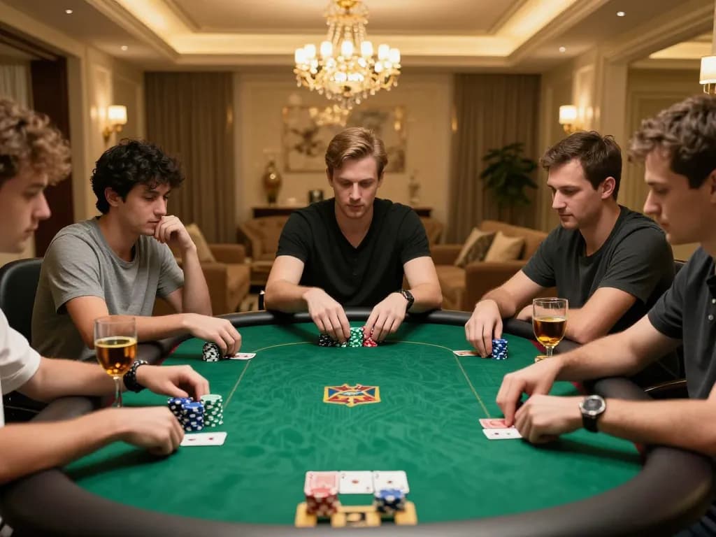 Experience maxpoker88 thrilling poker night with players analyzing hands and placing strategic bets.