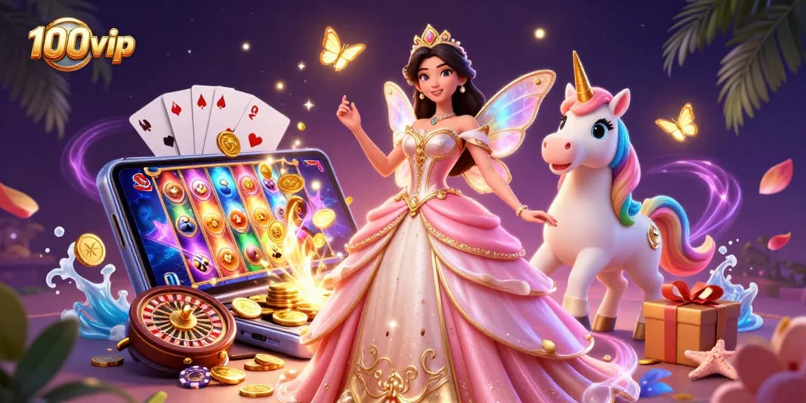 Spin the reels and win big with 100vip in a vibrant 3D casino fantasy scene.