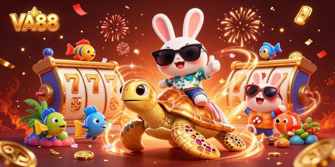 VA88 showcases a vibrant cartoon scene with a lucky rabbit and a golden sea turtle enjoying casino fun.