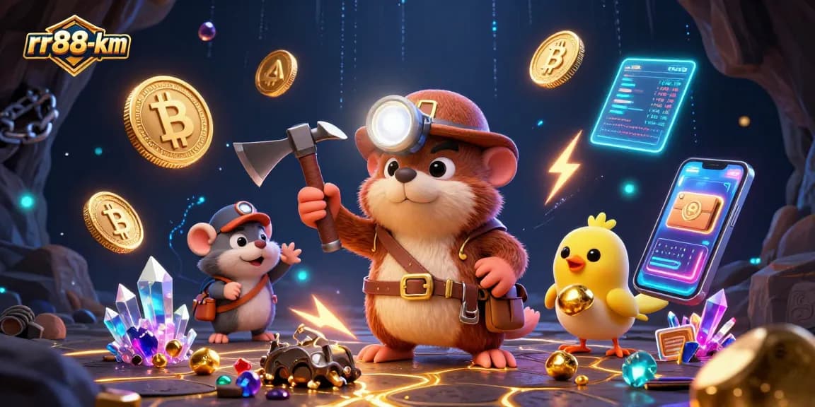 rr88-km mining for cryptocurrency with treasure hunter mole and canary amidst glowing gems