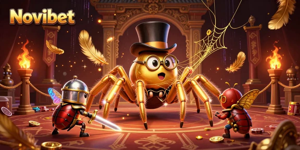 Engage with Novibet's vibrant 3D casino scene featuring a golden tarantula and a beetle knight.