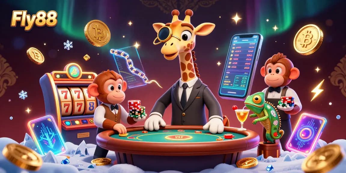 Experience the excitement of Fly88 with lively characters at a vibrant virtual casino, showcasing gaming elements.