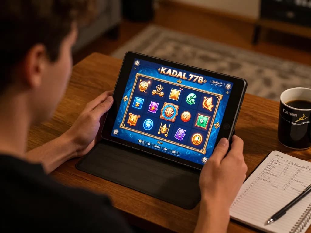 KADAL778 player enjoying online gaming through a tablet in a cozy atmosphere, showcasing responsible gambling.