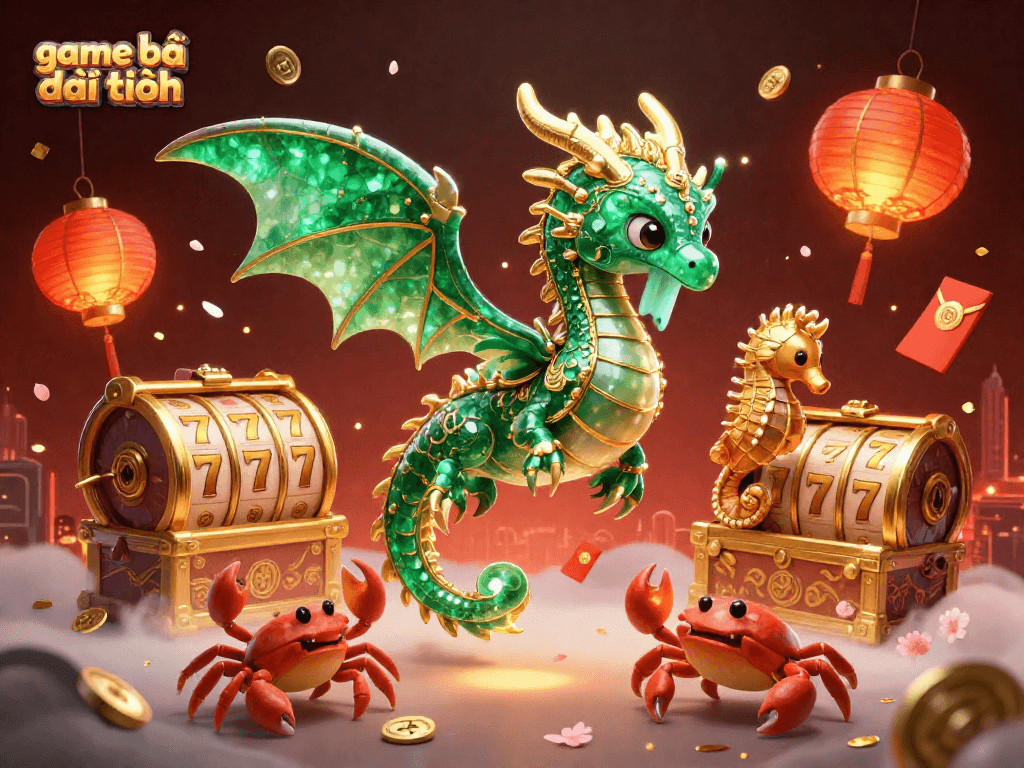 Experience the thrill of game bài đổi thưởng with our dazzling dragon and slot reels scene.