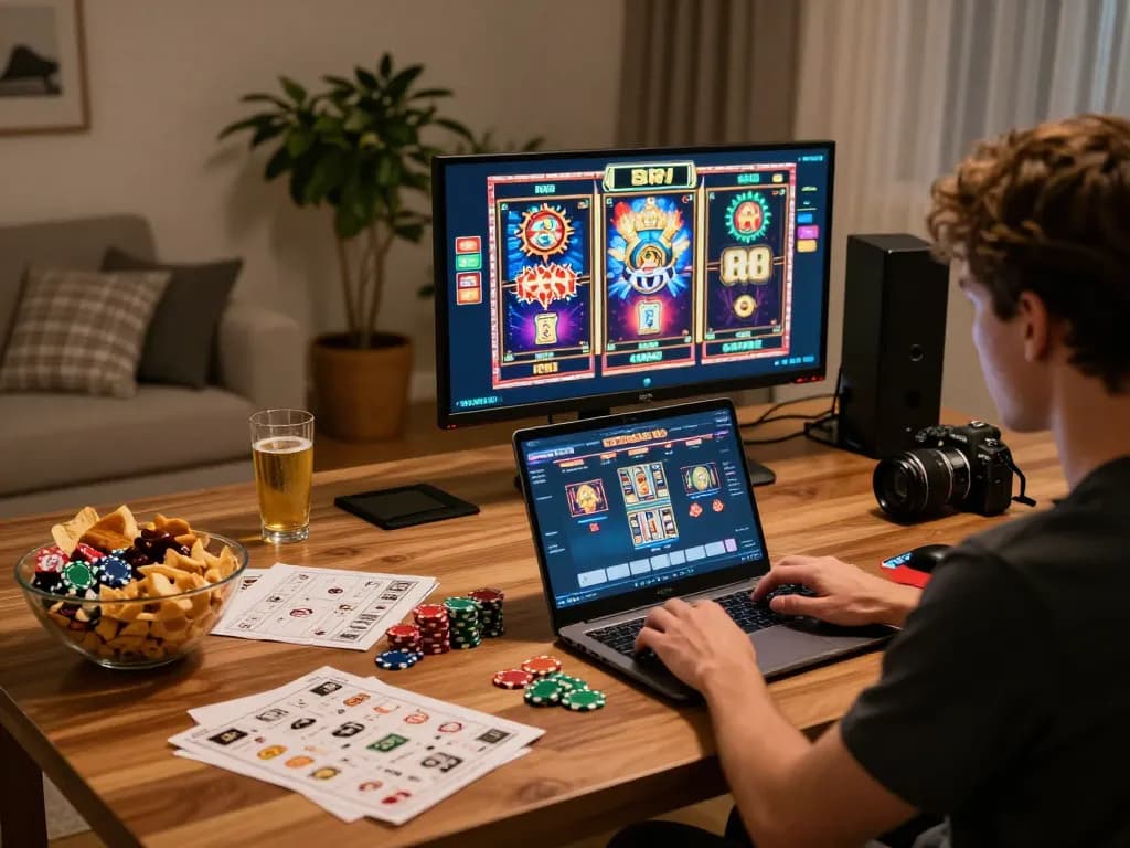 Player enjoying aman788 slot games on a cozy home setup with snacks and strategy notes.