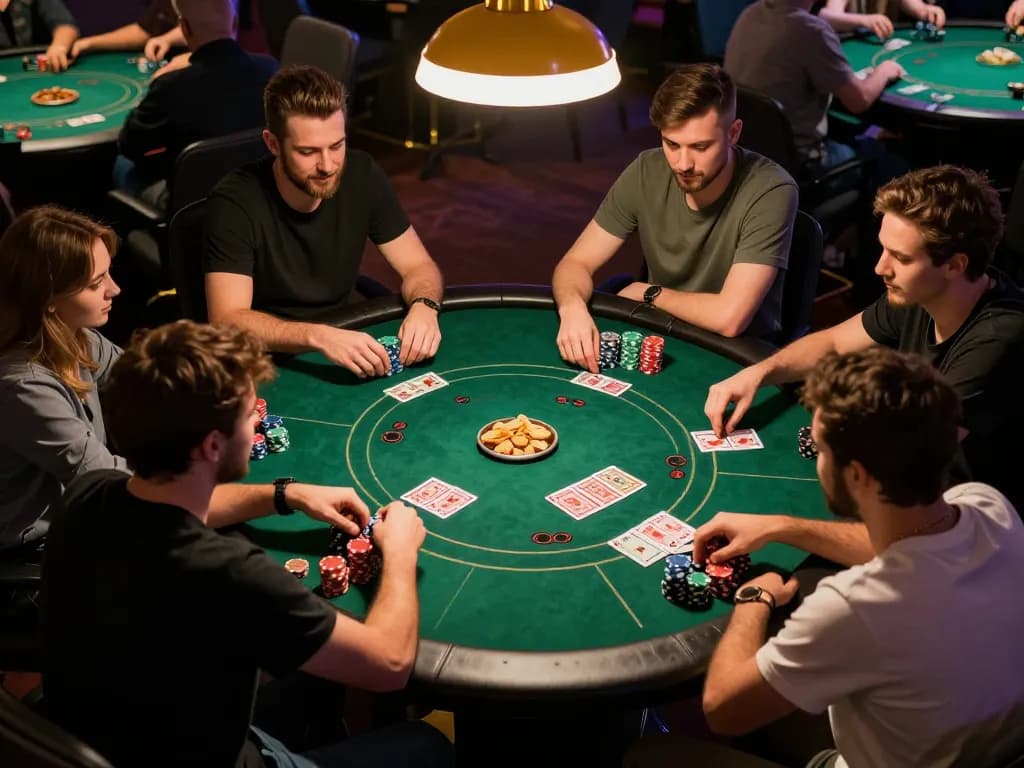 Friends engaged in a friendly home poker game, see details of poker chips and cards mid-action