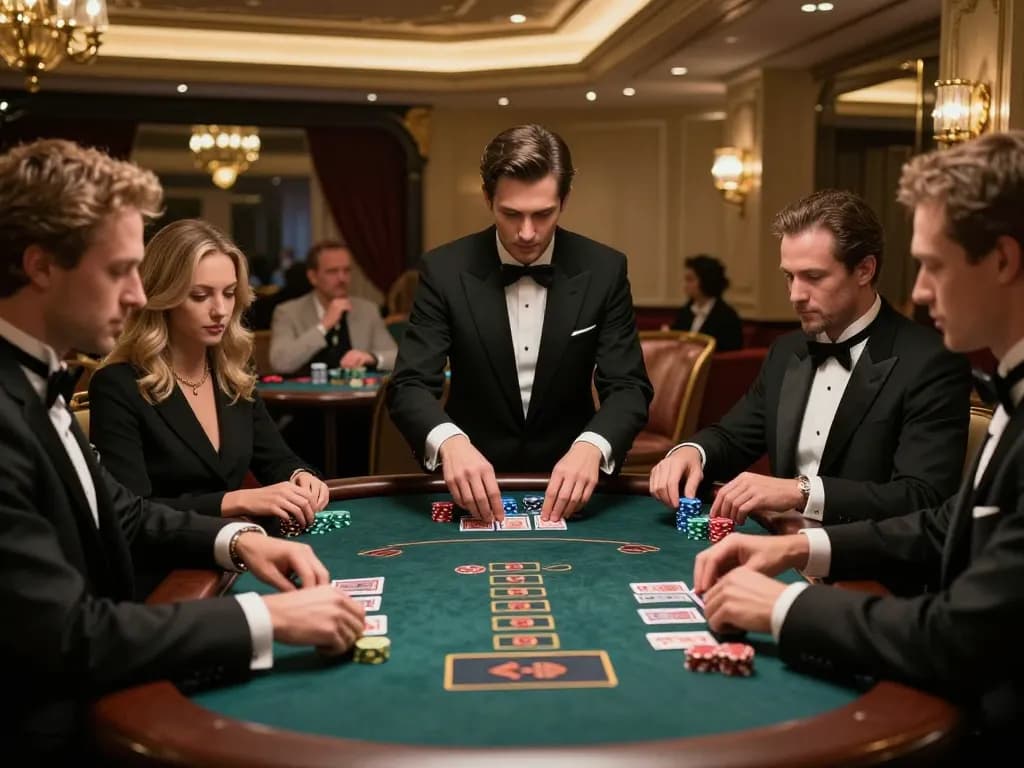 IDCASH88 exemplifies high-stakes Blackjack action with players and dealer in an elegant casino