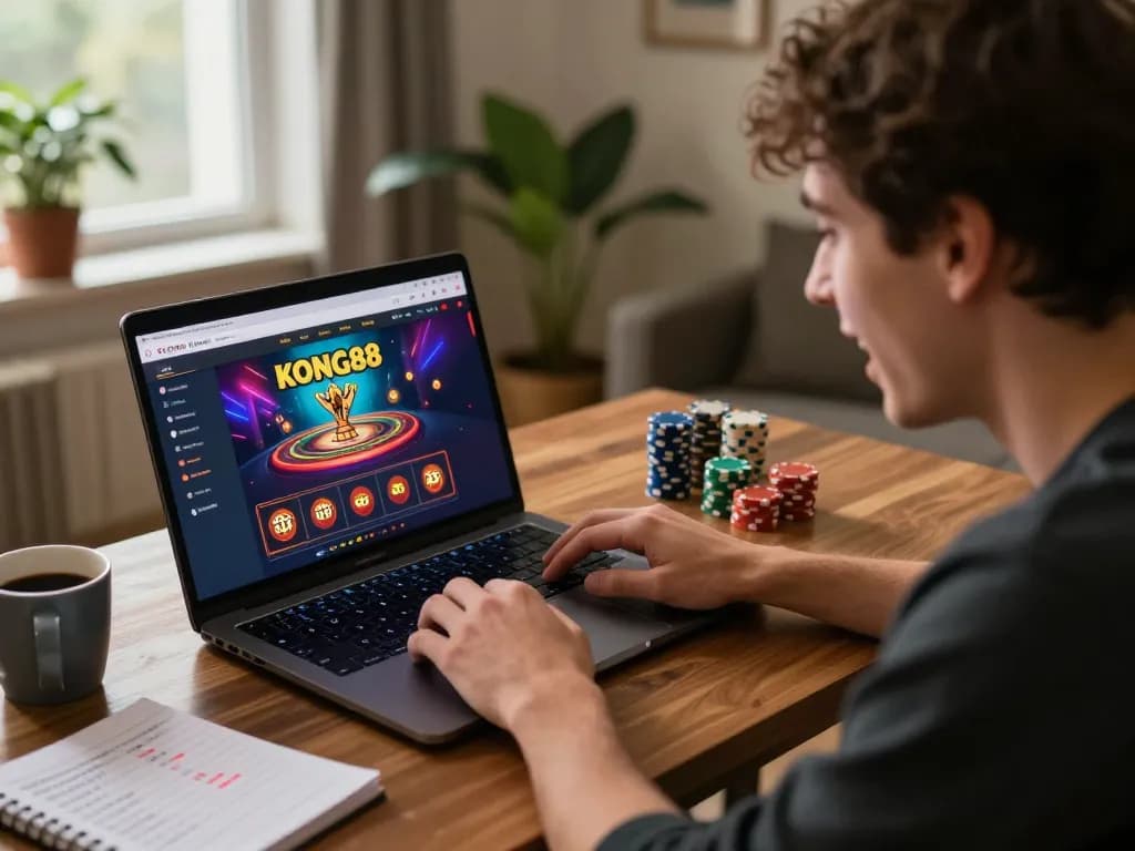 KONG88 player engaged in online casino gaming at home, showcasing strategies and excitement.