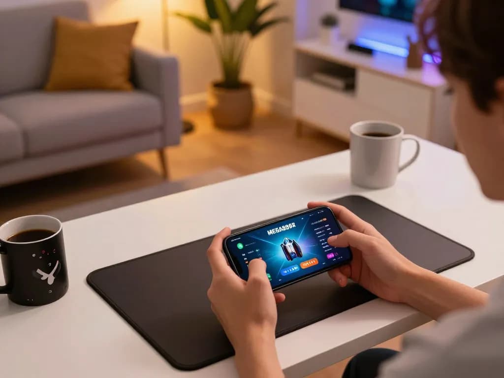 Engaging with MEGA888 app on a smartphone during a cozy home gaming session.