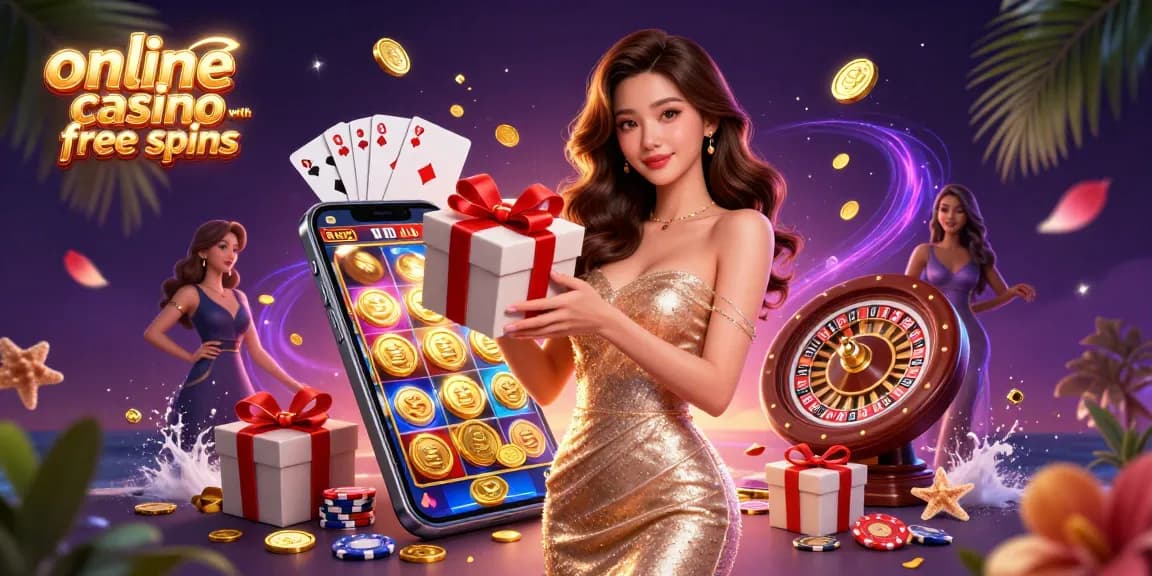Experience excitement at an online casino with free spins, featuring a welcoming celebration scene.