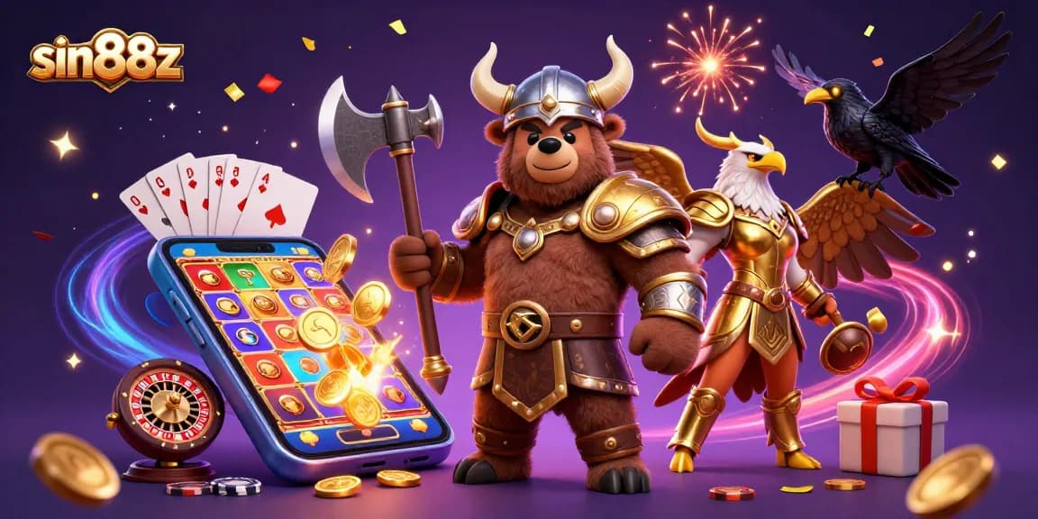 Experience thrilling wins with sin88z's exciting 3D digital illustration of a Viking berserker, Valkyrie eagle, and Odin's ravens.