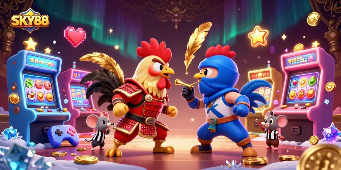 Engage in thrilling gameplay at SKY88 with dynamic 3D rooster duel featuring casino elements.