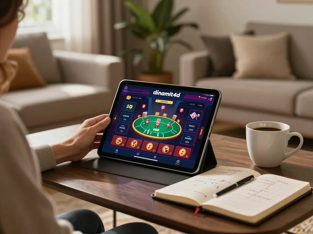 Engaging in dinamit4d's online gaming interface while managing betting strategies in a cozy home setting.
