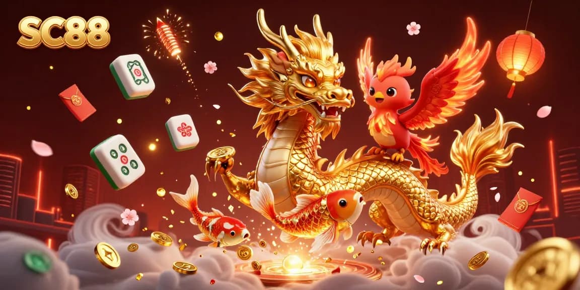 Engage in thrilling SC88 casino games with a dynamic dragon and phoenix amidst a shower of coins.