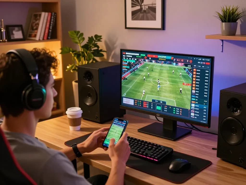 Player analyzing sports odds on smartphone at home, engaging with SC 88 platform for live betting.