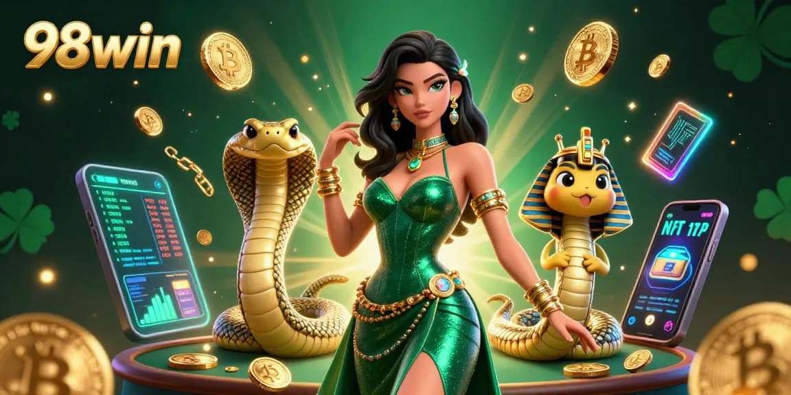 Engage with thrilling gaming at 98win, surrounded by vibrant cryptocurrency elements.