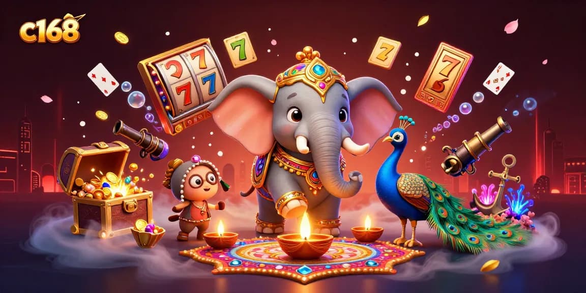 Experience vibrant wins with c168 featuring a Diwali-themed elephant and slot reels.