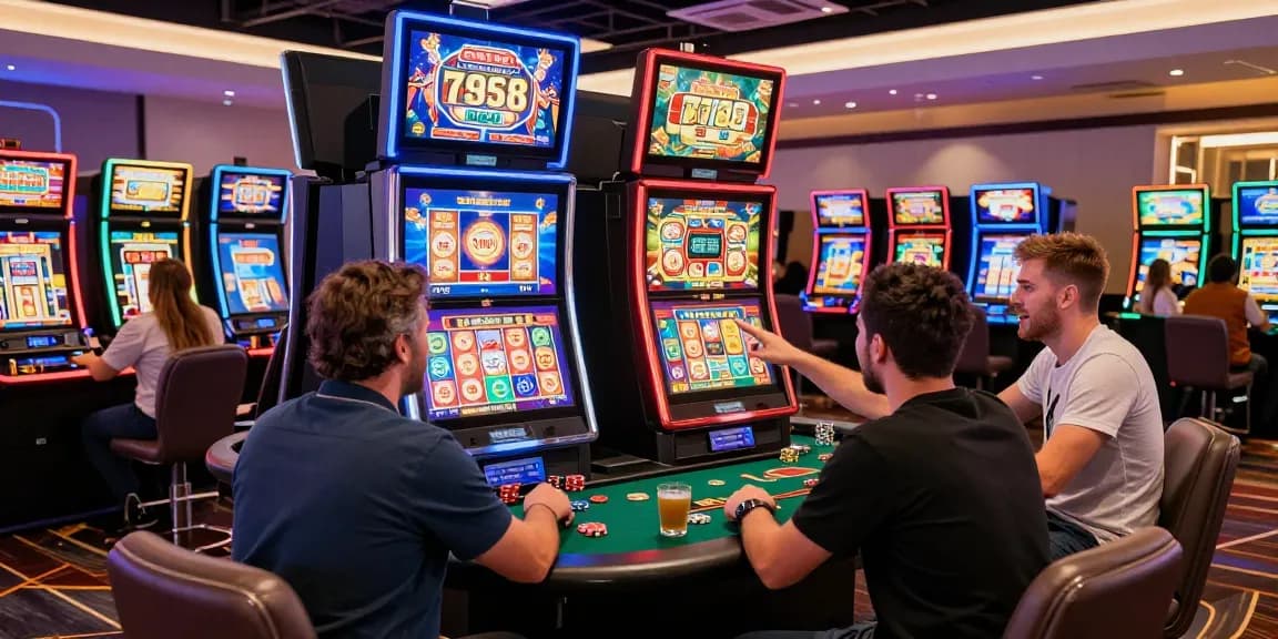 Excited players enjoying bonus buy slots UK at a lively casino with colorful lights.