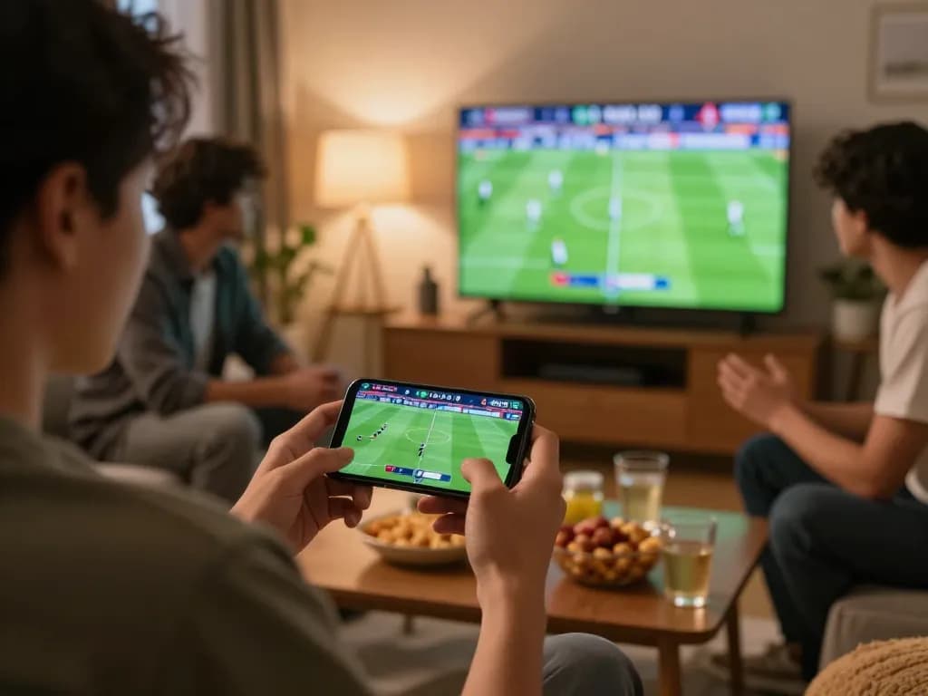 Cakhia TV user placing sports bets on smartphone while enjoying a live football match with friends.