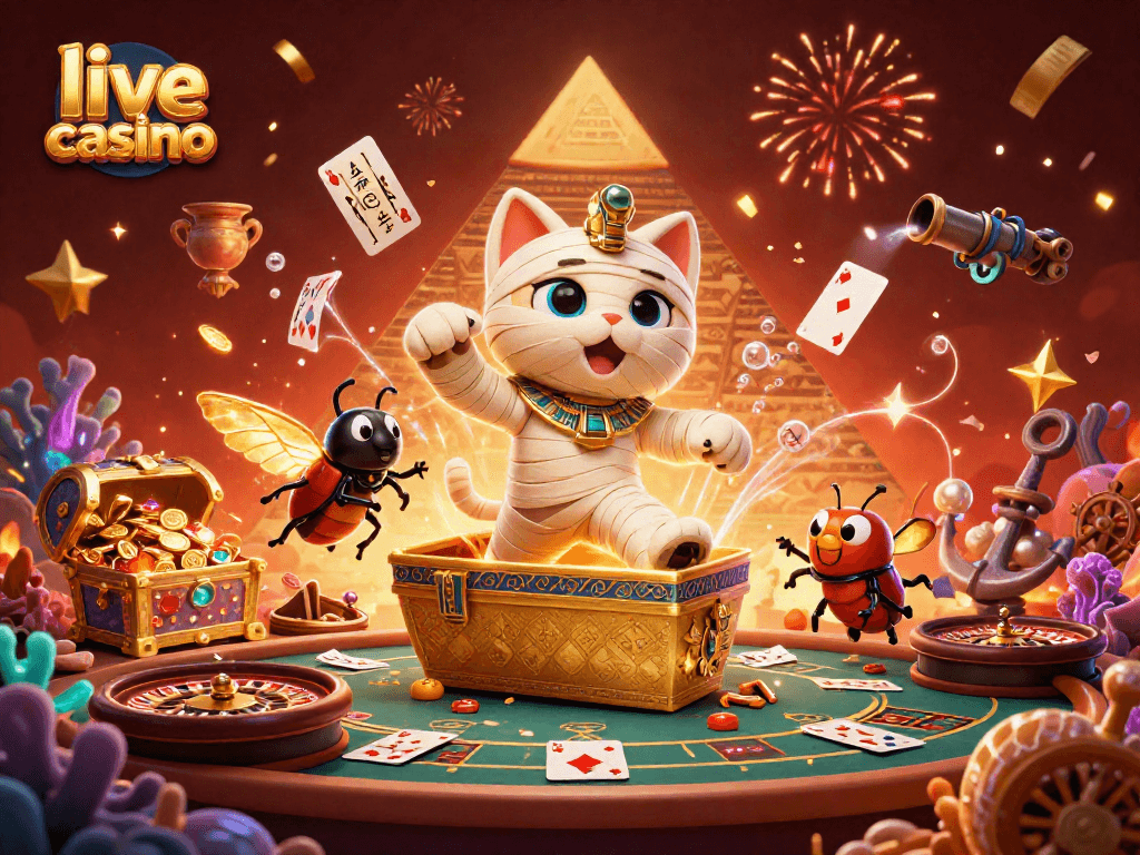 Experience the thrill of live casino gaming with a vivid Egyptian-themed illustration featuring a mummy cat.