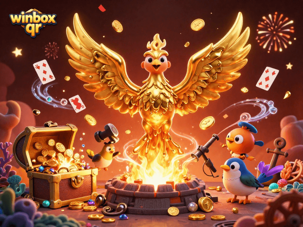Winbox QR: Experience vibrant gaming with golden phoenix and treasure in a thrilling 3D illustration.