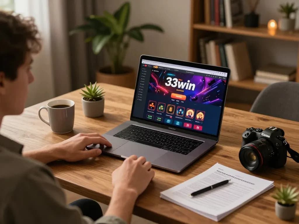 Engaging in strategic betting on the 33win casino interface during a cozy home gaming session.