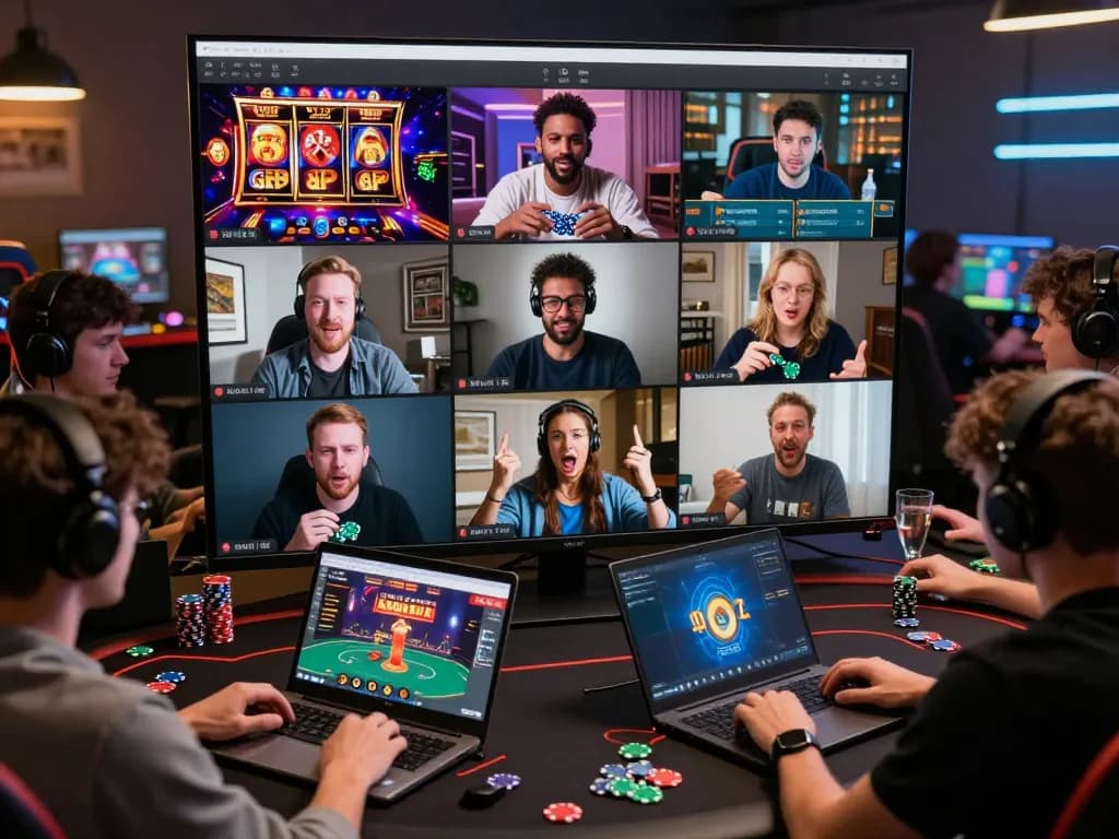 Players enjoying Canadian online casinos from home, celebrating wins in a lively online gaming session.