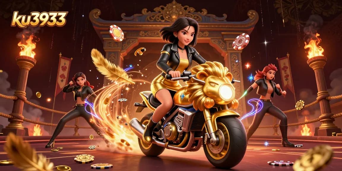 Bet big with ku3933 as the glamorous Asian woman rides a golden lion mascot through an electrifying casino scene.