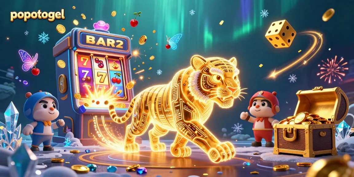 Experience the excitement of popotogel with the neon-wireframe golden tiger in a vibrant casino scene.