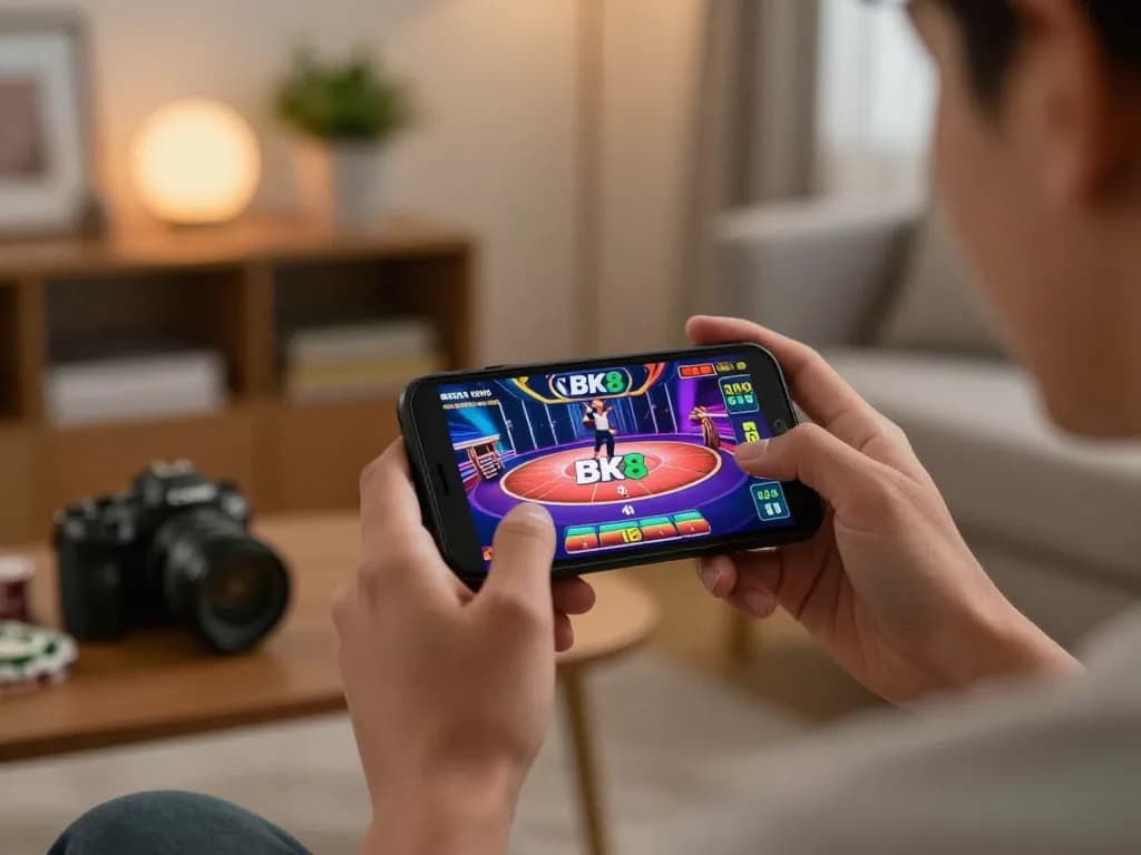 Player betting on BK8 mobile app in cozy home, showcasing a modern gaming experience