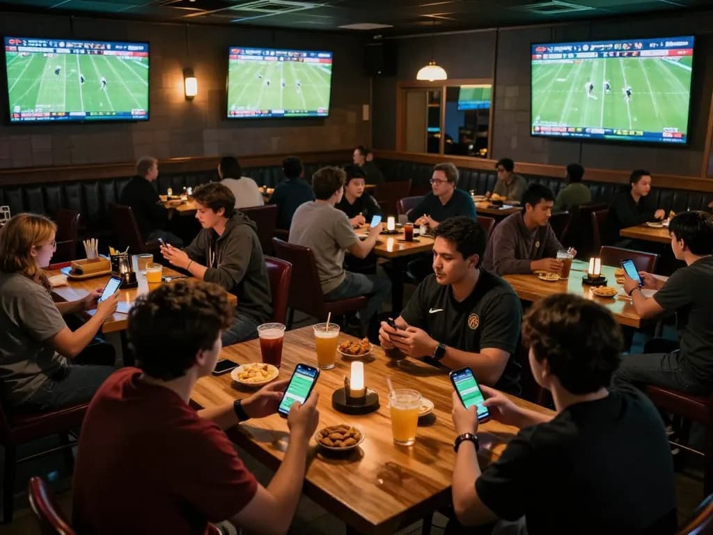 Fans engaged in live sports betting via kqbd during an exciting football match in a lively bar setting