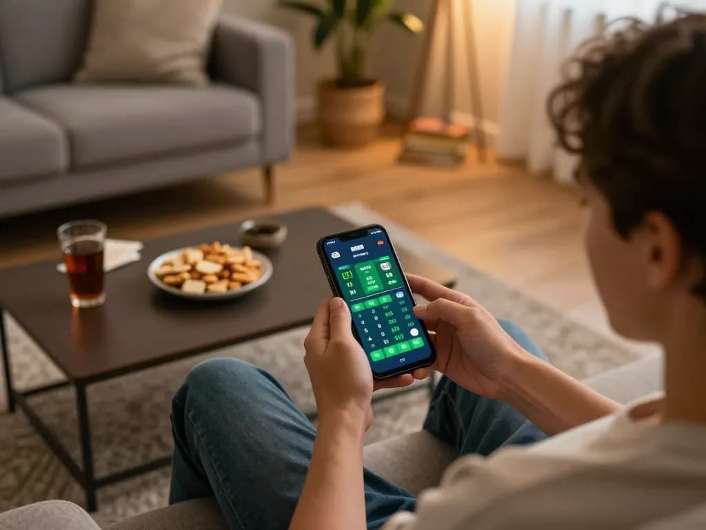 Engaging in sports betting on LV88 through smartphone, showcasing live odds and betting excitement.