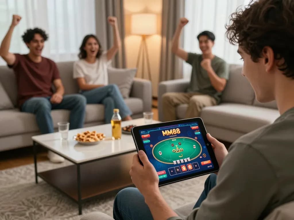 Engaged player enjoying MM88 poker game on tablet during friendly home gaming night.