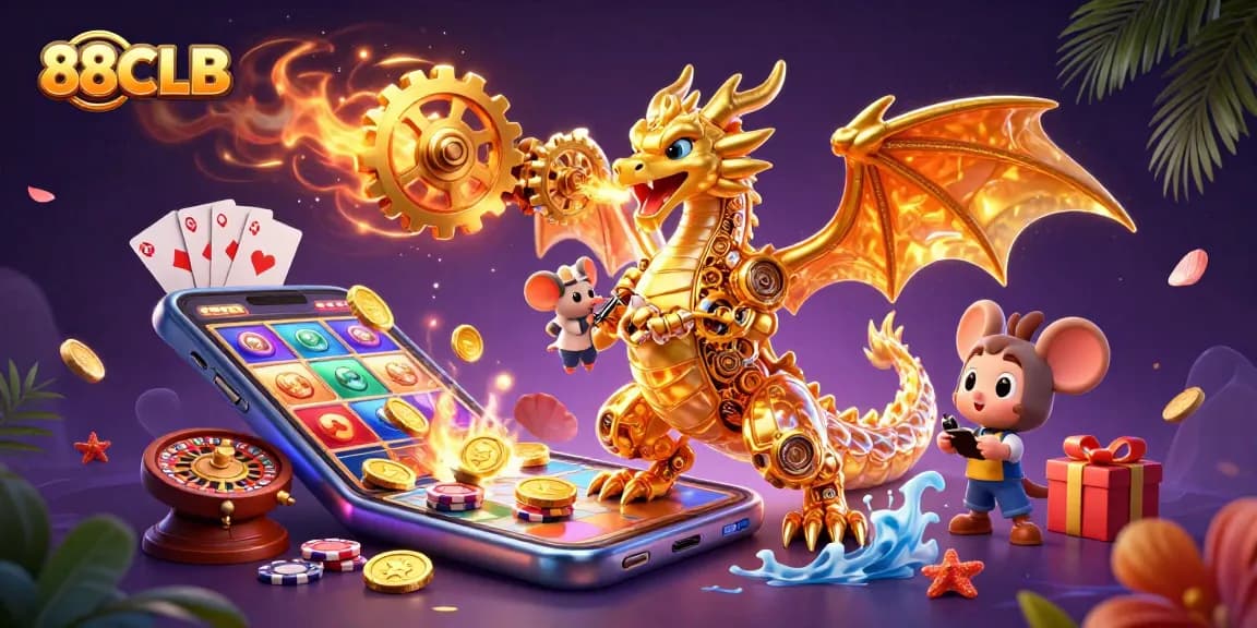 Engage in thrilling casino excitement at 88CLB with golden gears, vibrant gaming elements, and action-packed visuals.